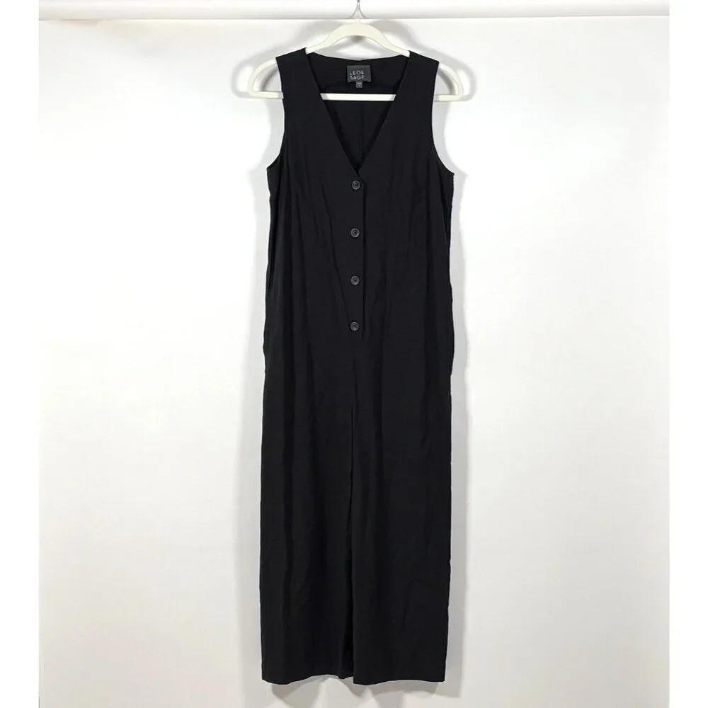 Leo & Sage Jumpsuit Sleeveless Wide Leg V Neck Black Pockets - Size Small